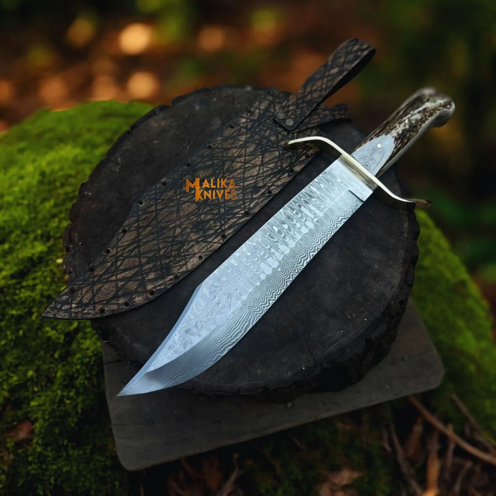 Wild West Bowie Knife Stainless Damascus Stag Handle