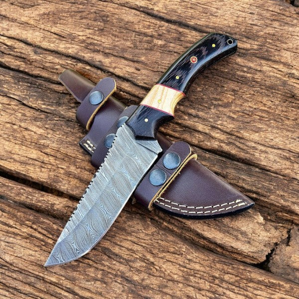 Custom Handmade Damascus Hunting Knife – 10" with Wenge & Olivewood Handle