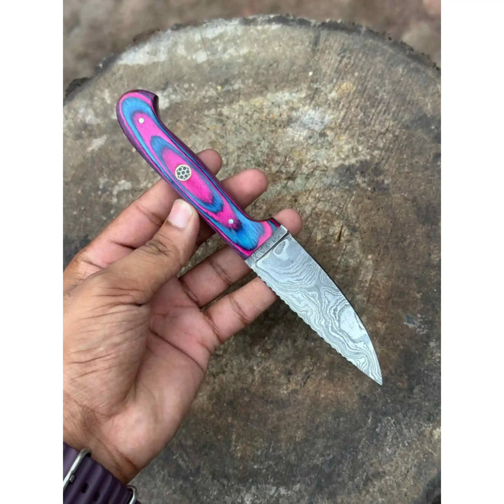 Damascus Steel Fixed Blade Knife – Pink & Blue Pakka Wood Handle | JW SteelCrafts