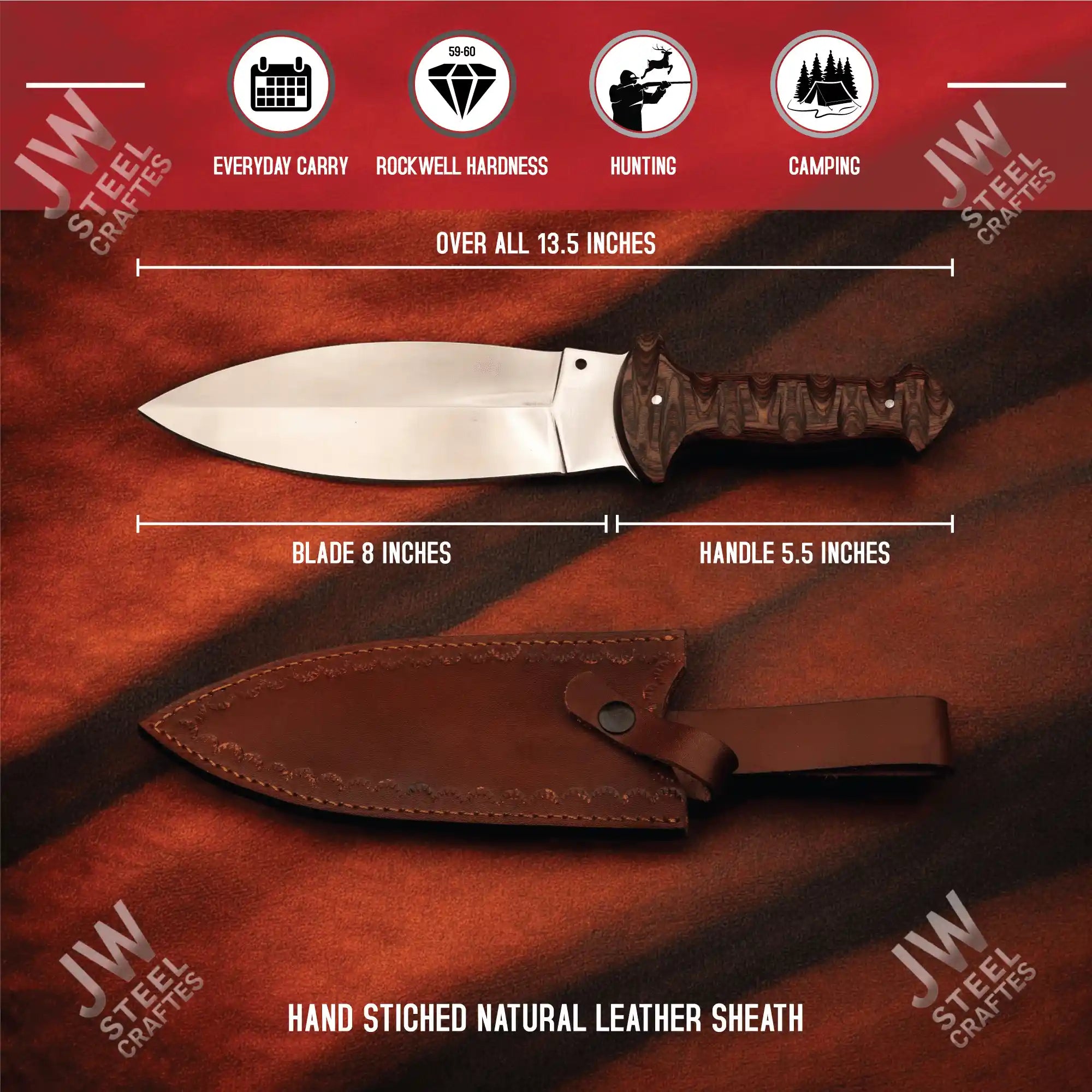 Hand Forged J2 Stainless Steel Boot Knife with Pakka Wood Handle & Leather Sheath | 13.5" Hunting, Camping & Collectible Blade