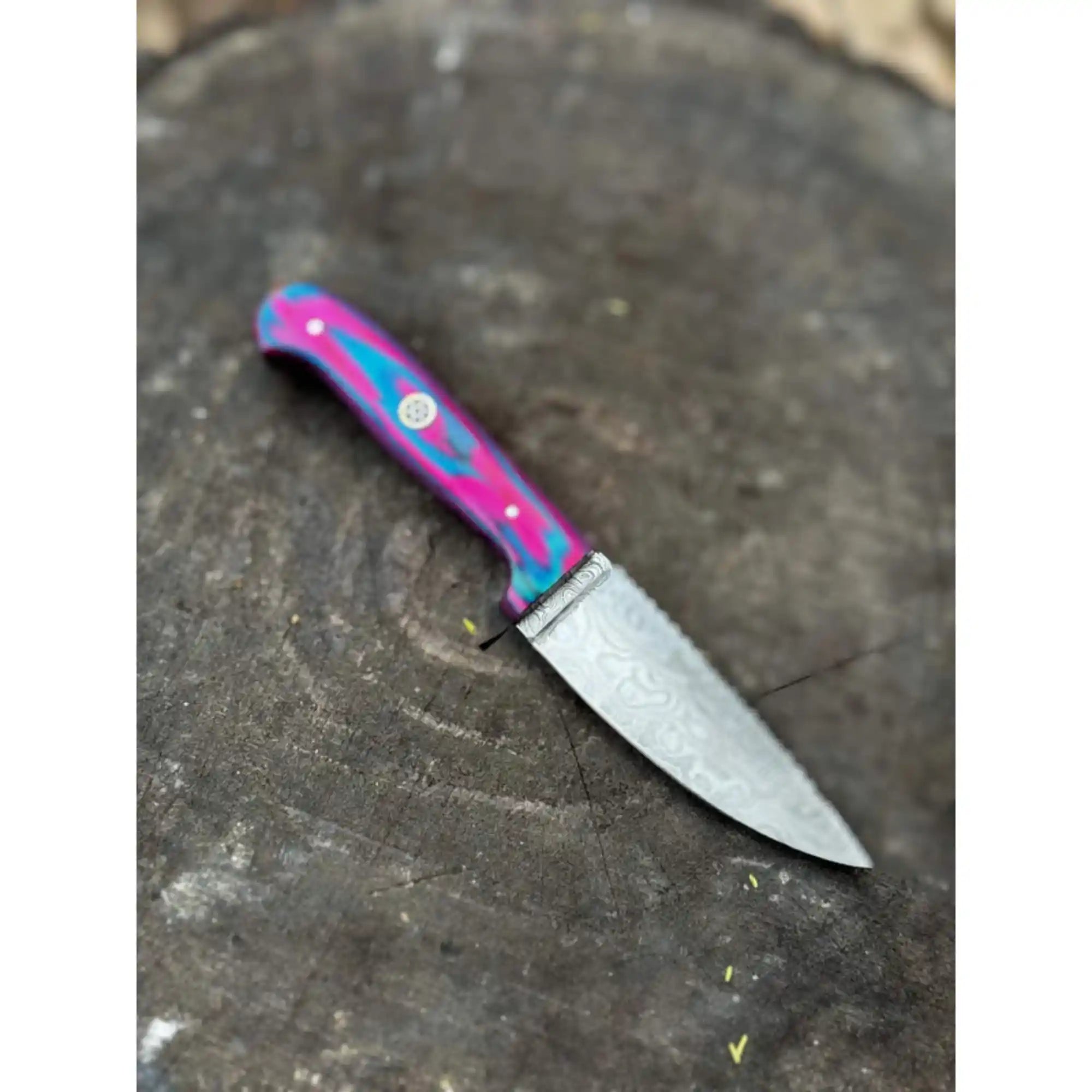Damascus Steel Fixed Blade Knife – Pink & Blue Pakka Wood Handle | JW SteelCrafts