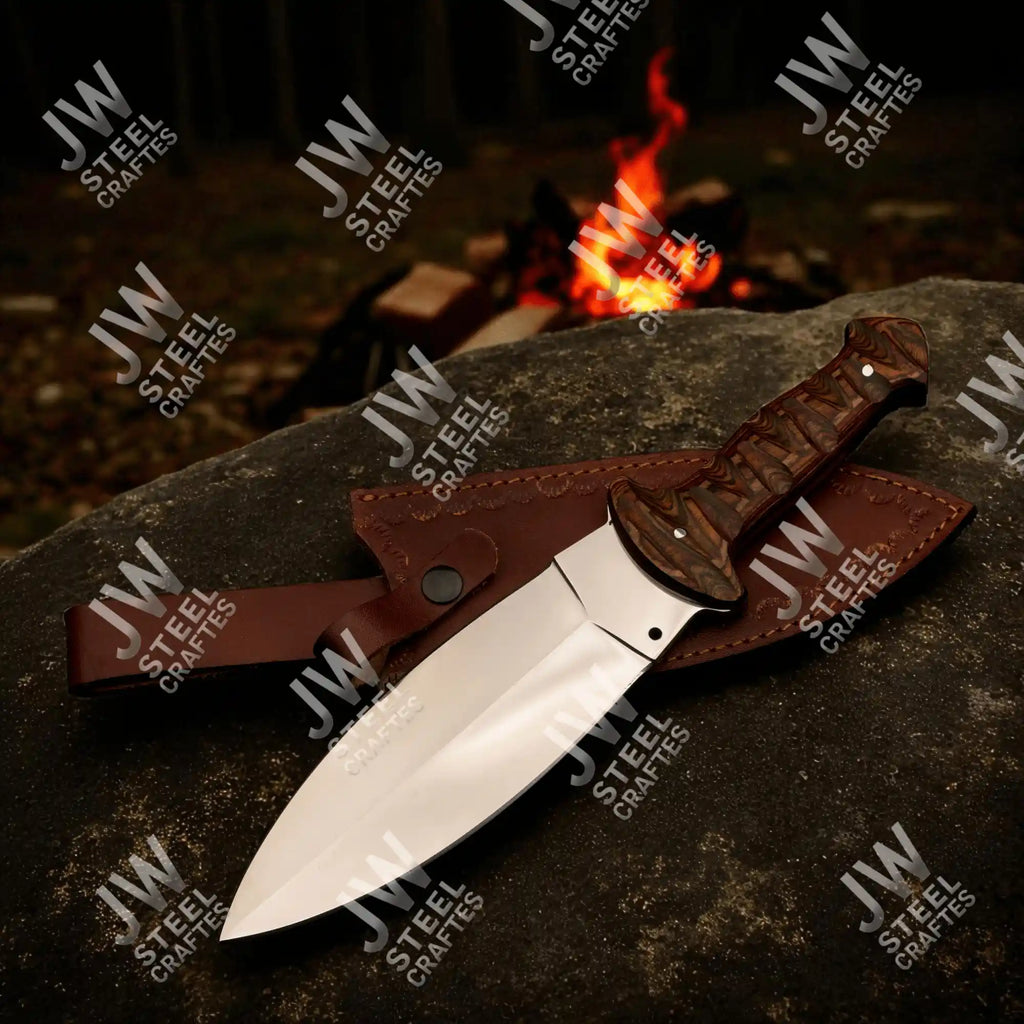 Hand Forged J2 Stainless Steel Boot Knife with Pakka Wood Handle & Leather Sheath | 13.5" Hunting, Camping & Collectible Blade