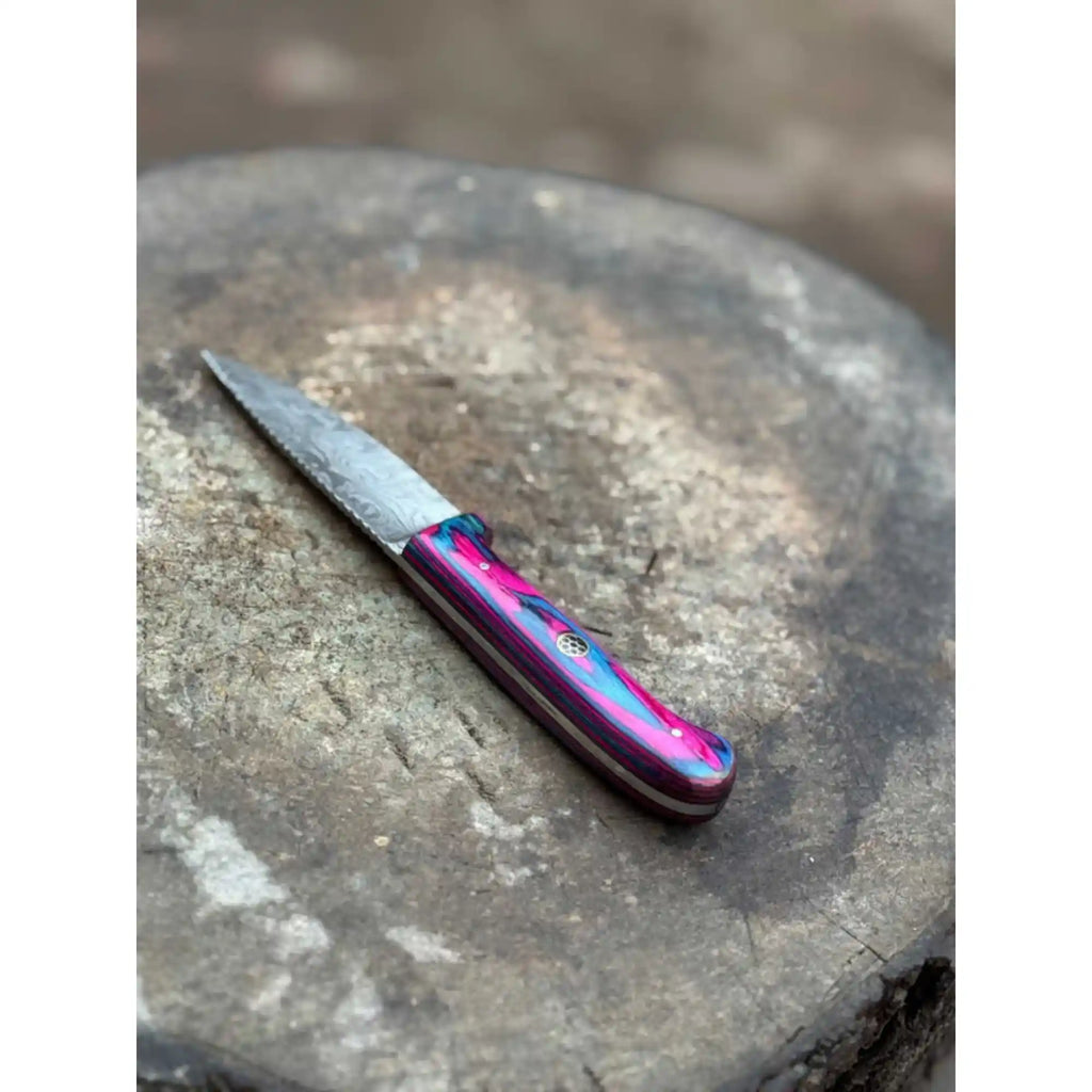 Damascus Steel Fixed Blade Knife – Pink & Blue Pakka Wood Handle | JW SteelCrafts