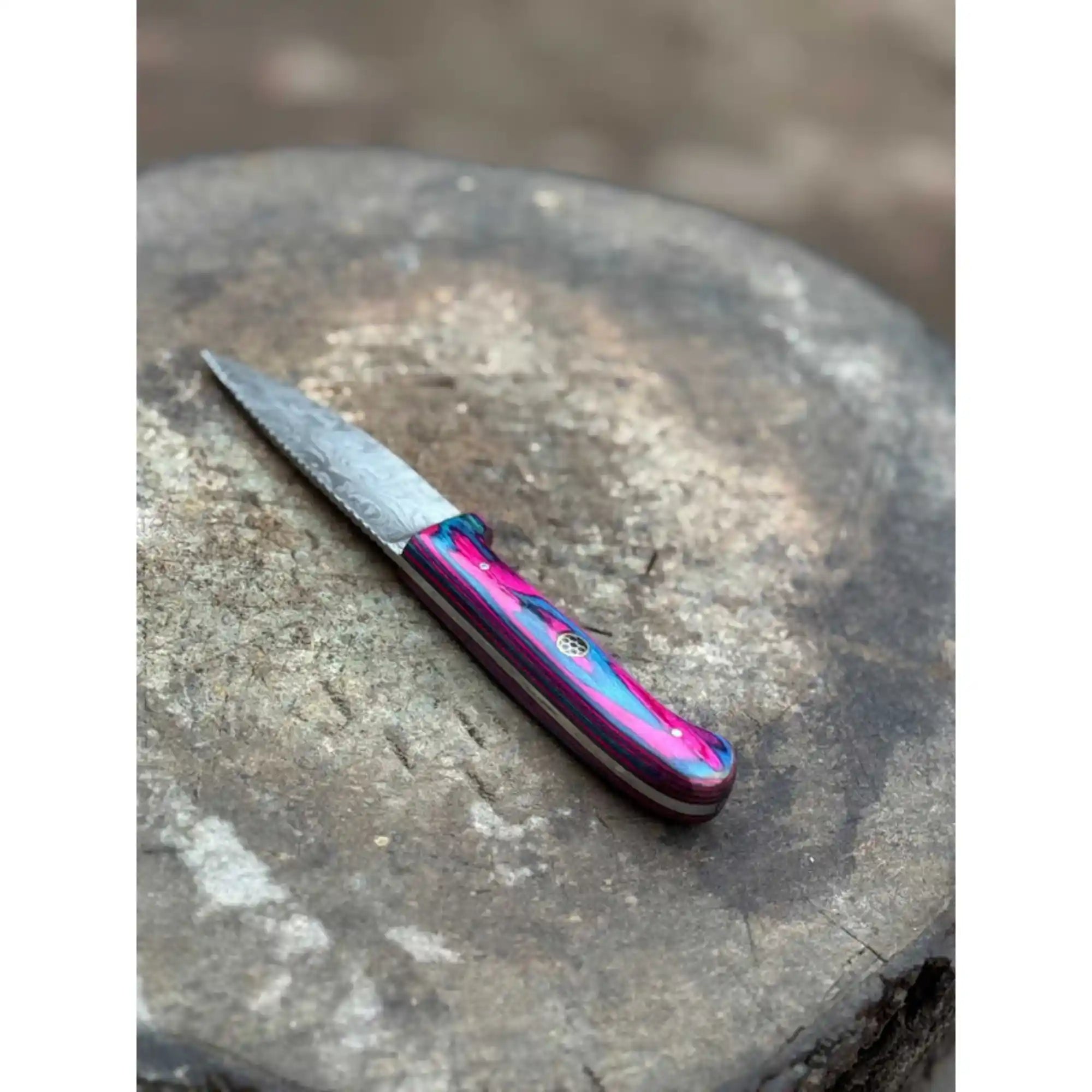 Damascus Steel Fixed Blade Knife – Pink & Blue Pakka Wood Handle | JW SteelCrafts