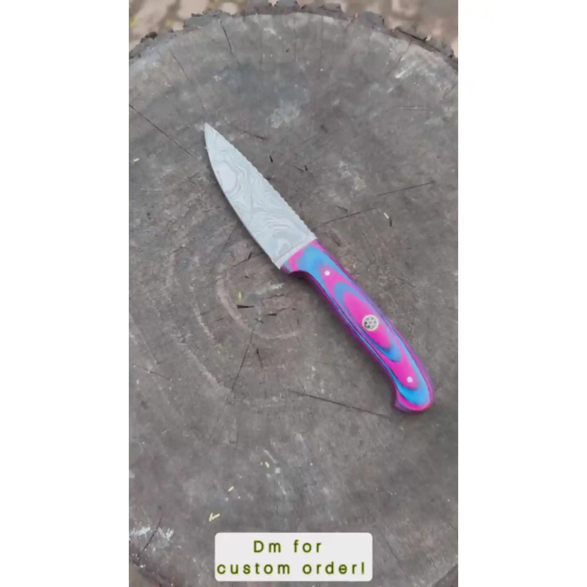 Damascus Steel Fixed Blade Knife – Pink & Blue Pakka Wood Handle | JW SteelCrafts