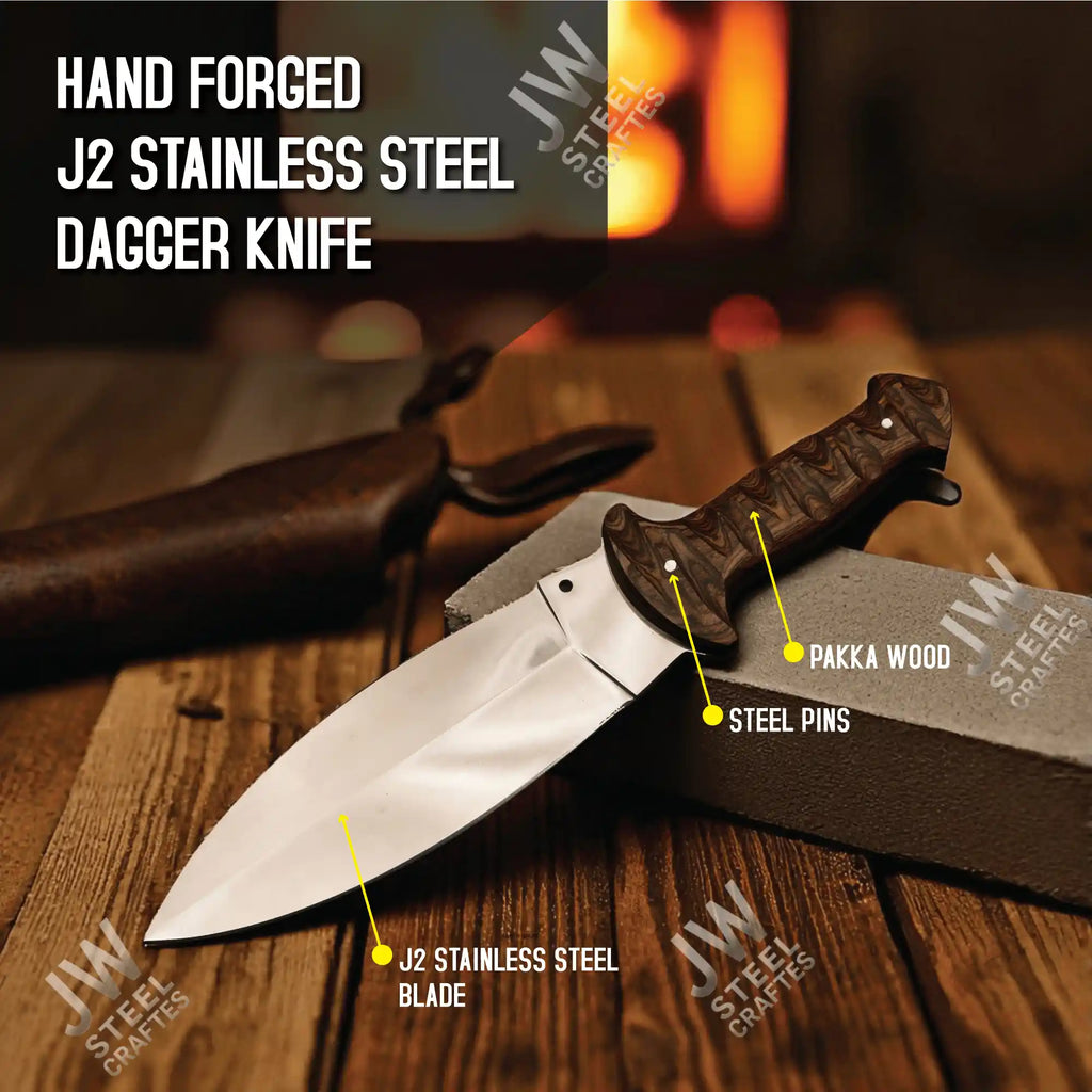 Hand Forged J2 Stainless Steel Boot Knife with Pakka Wood Handle & Leather Sheath | 13.5" Hunting, Camping & Collectible Blade