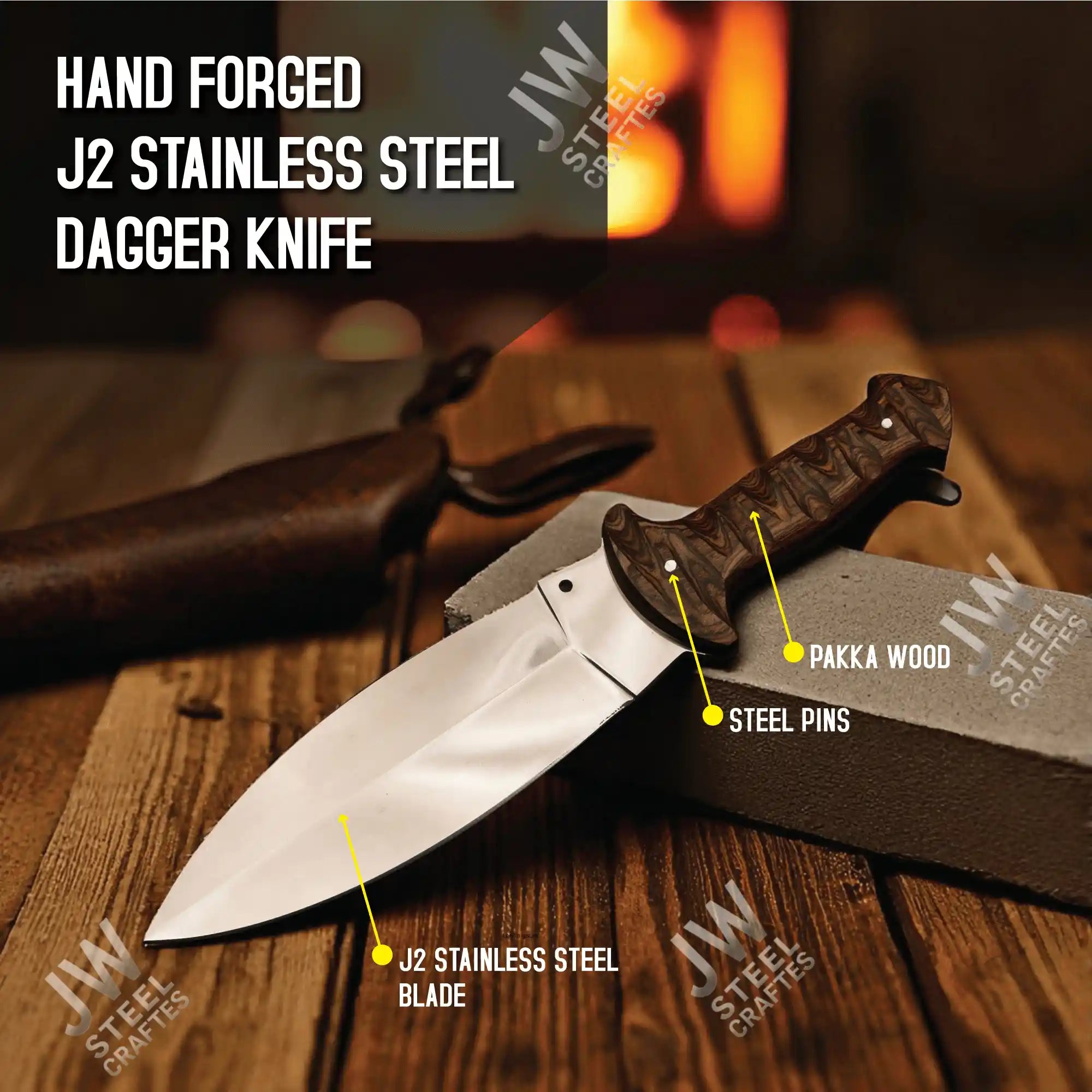Hand Forged J2 Stainless Steel Boot Knife with Pakka Wood Handle & Leather Sheath | 13.5" Hunting, Camping & Collectible Blade