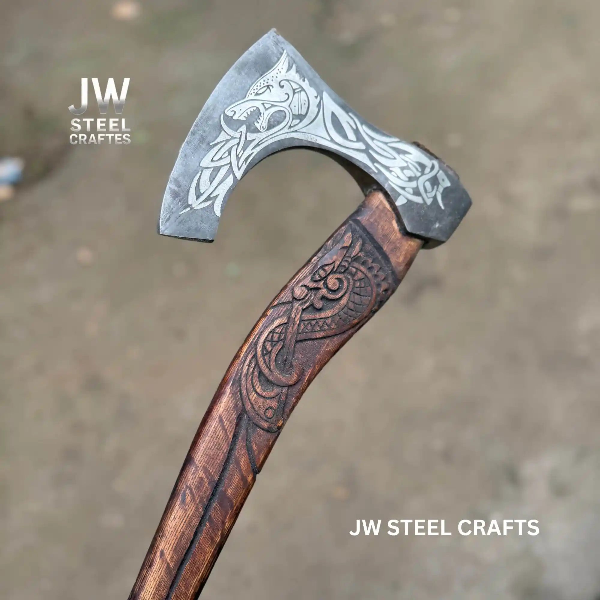 Hand-Engraved Viking Bearded Axe with Carved Hardwood Handle – Damascus Steel Blade | JW SteelCrafts