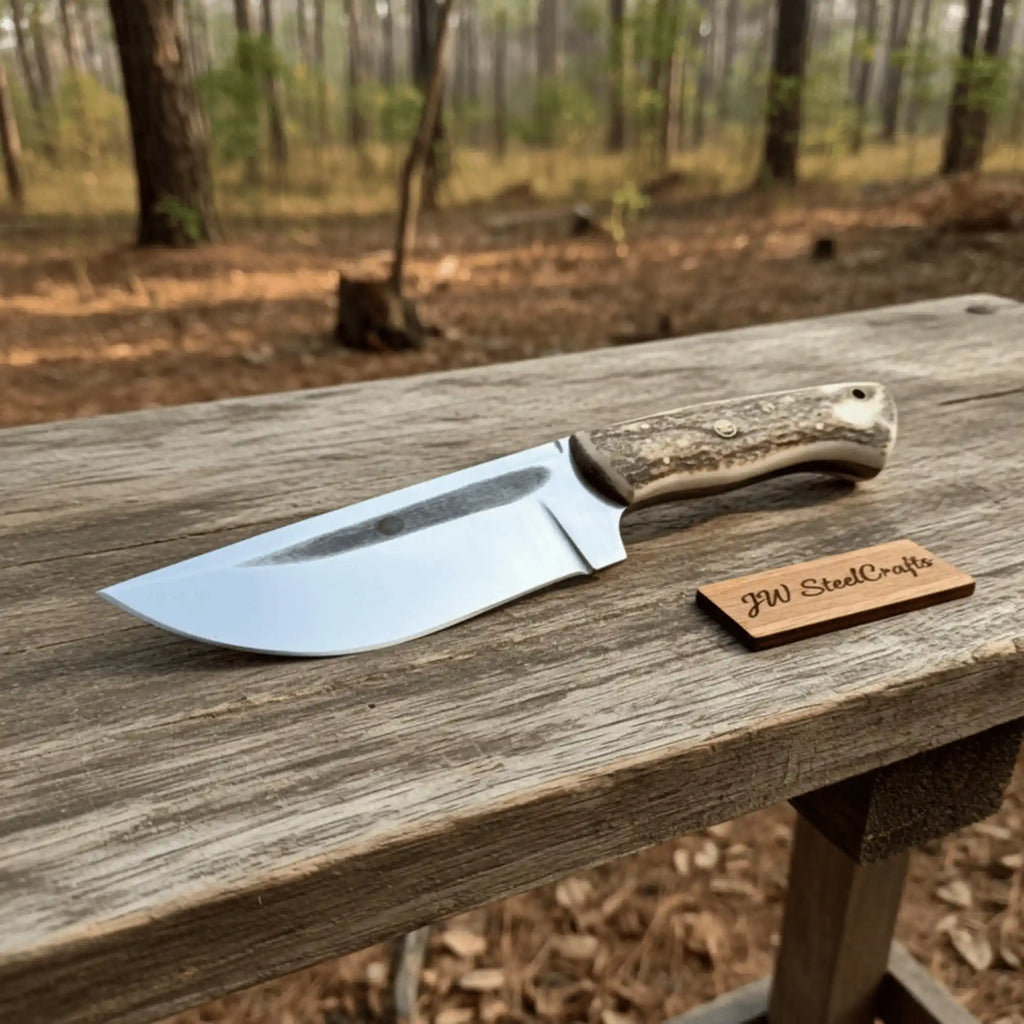 Stag Handle Hunting Knife – Stainless Steel or Damascus Blade | Leather Sheath | JW SteelCrafts