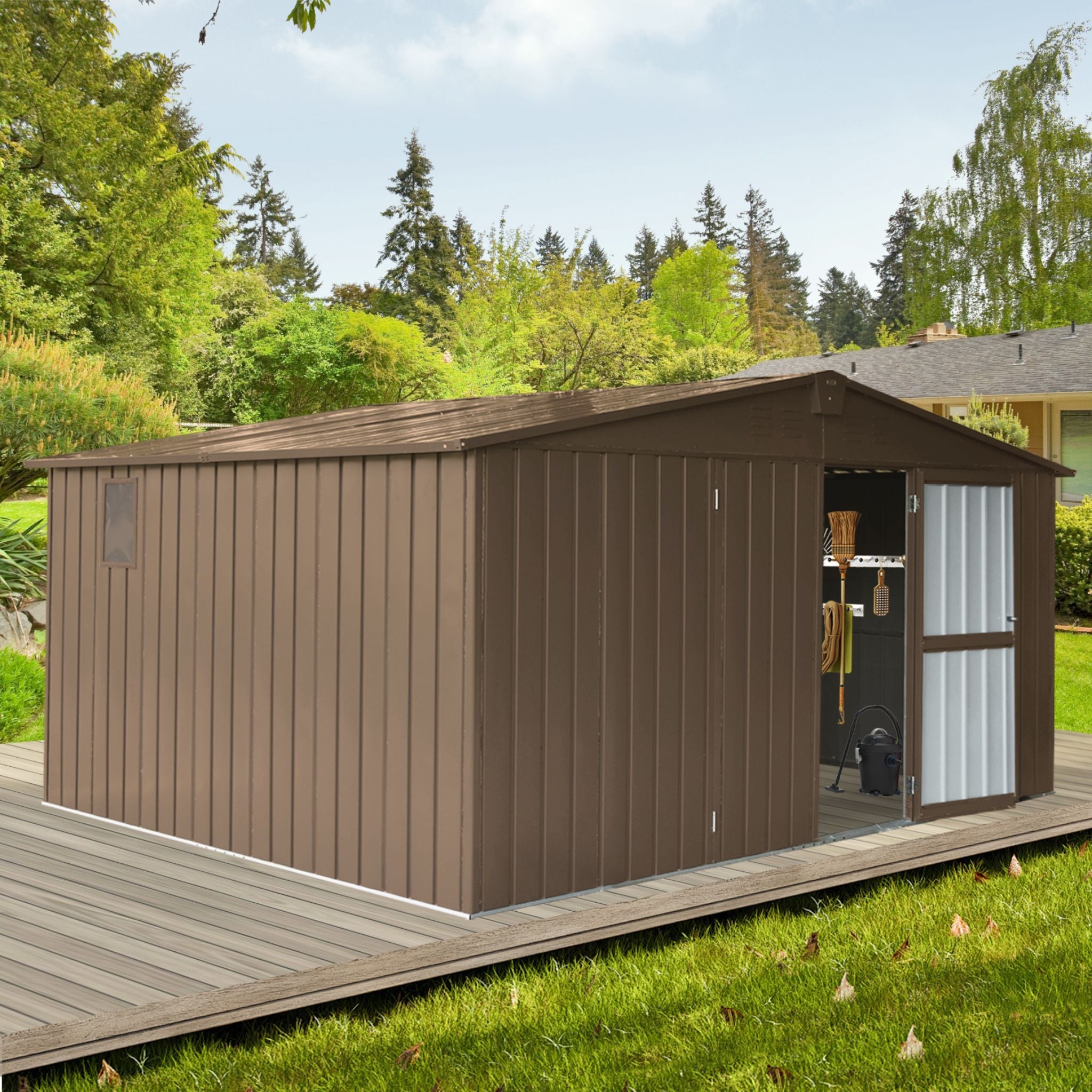 [11X12FT] Alora Outdoor Backyard Storage Metal Shed With Galvanized Steel Frame, Windows, And Lockable Doors (SAK60167)