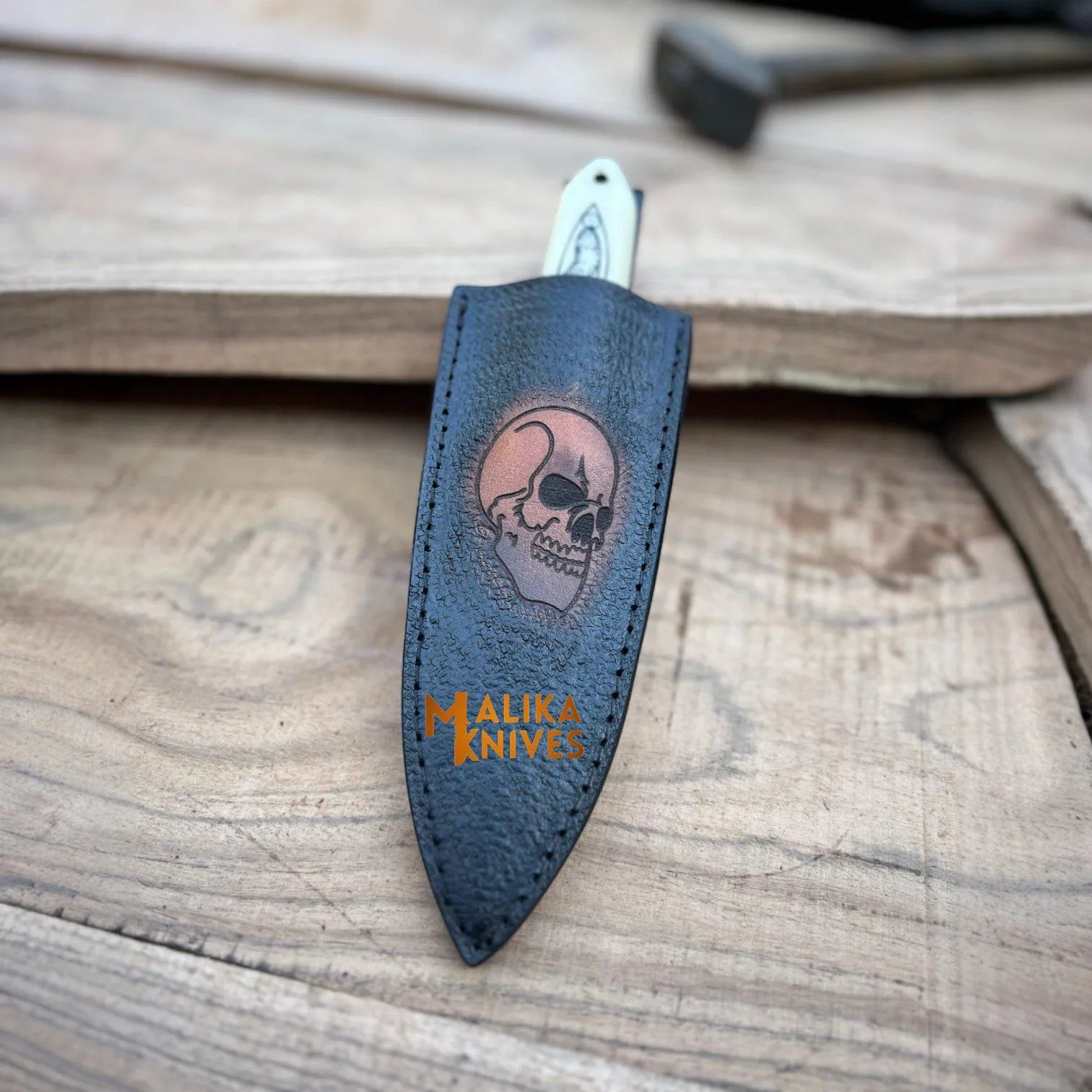 Tactical Dagger knife-SS Damascus-Skull Engraved Camel bone Handle -Custom Skull Leather Sheath-1205