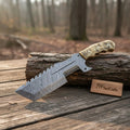 12.5" Full Tang Damascus Blade Hunting Knife Ram's Horn Leather Sheath
