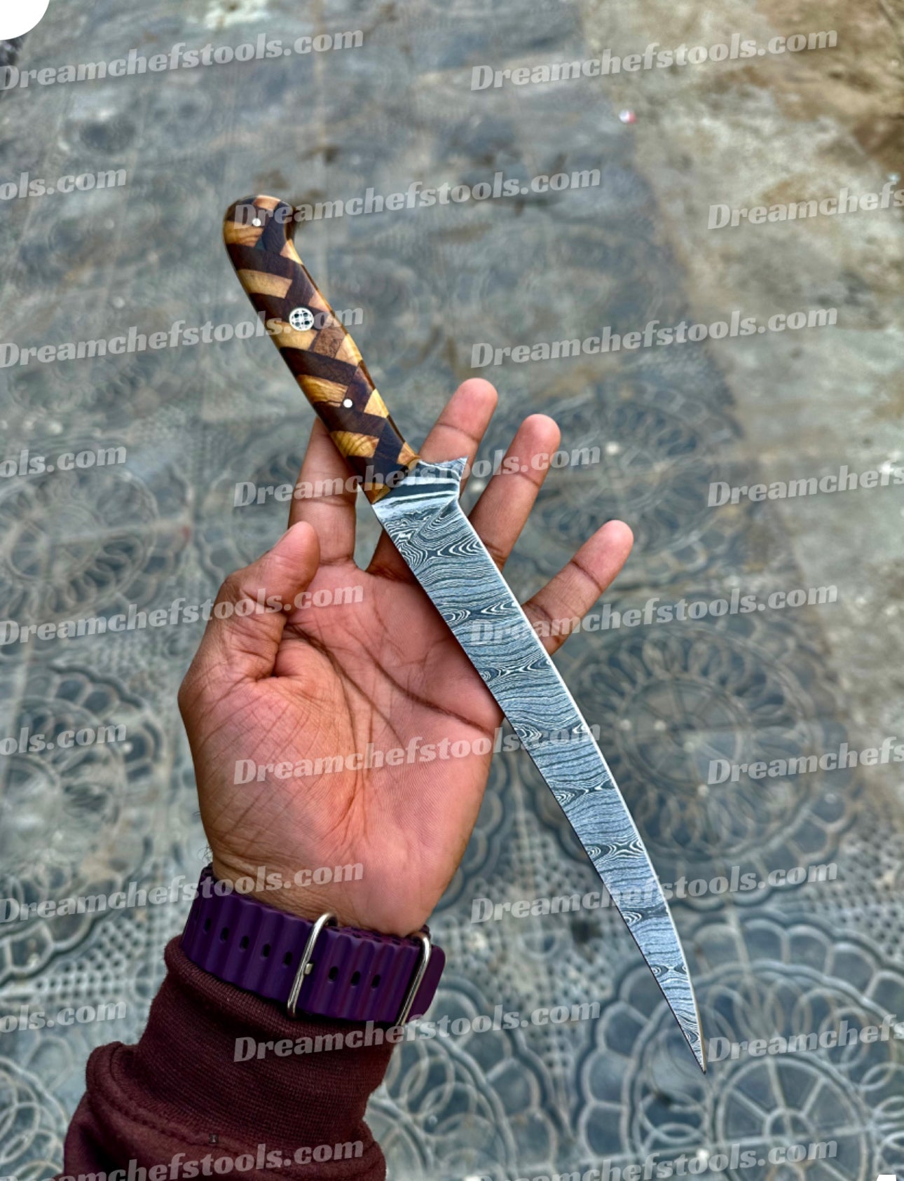 Custom Handmade Damascus Steel Fillet Knife with Custom Rosewood and Olive Wood Handle - 13" Overall Length