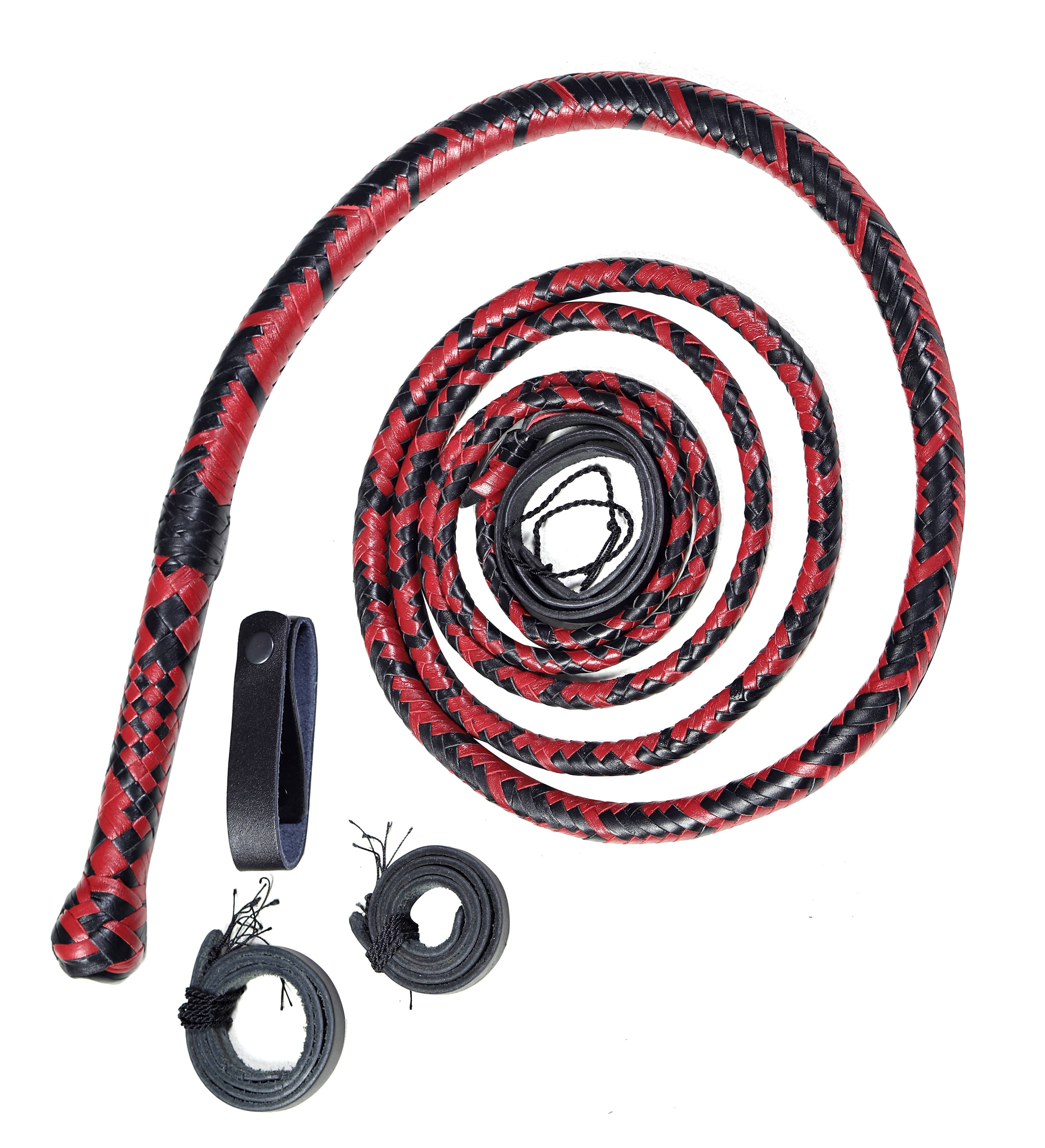 Red & Black Leather Bull Whip – Handmade Performance Whip