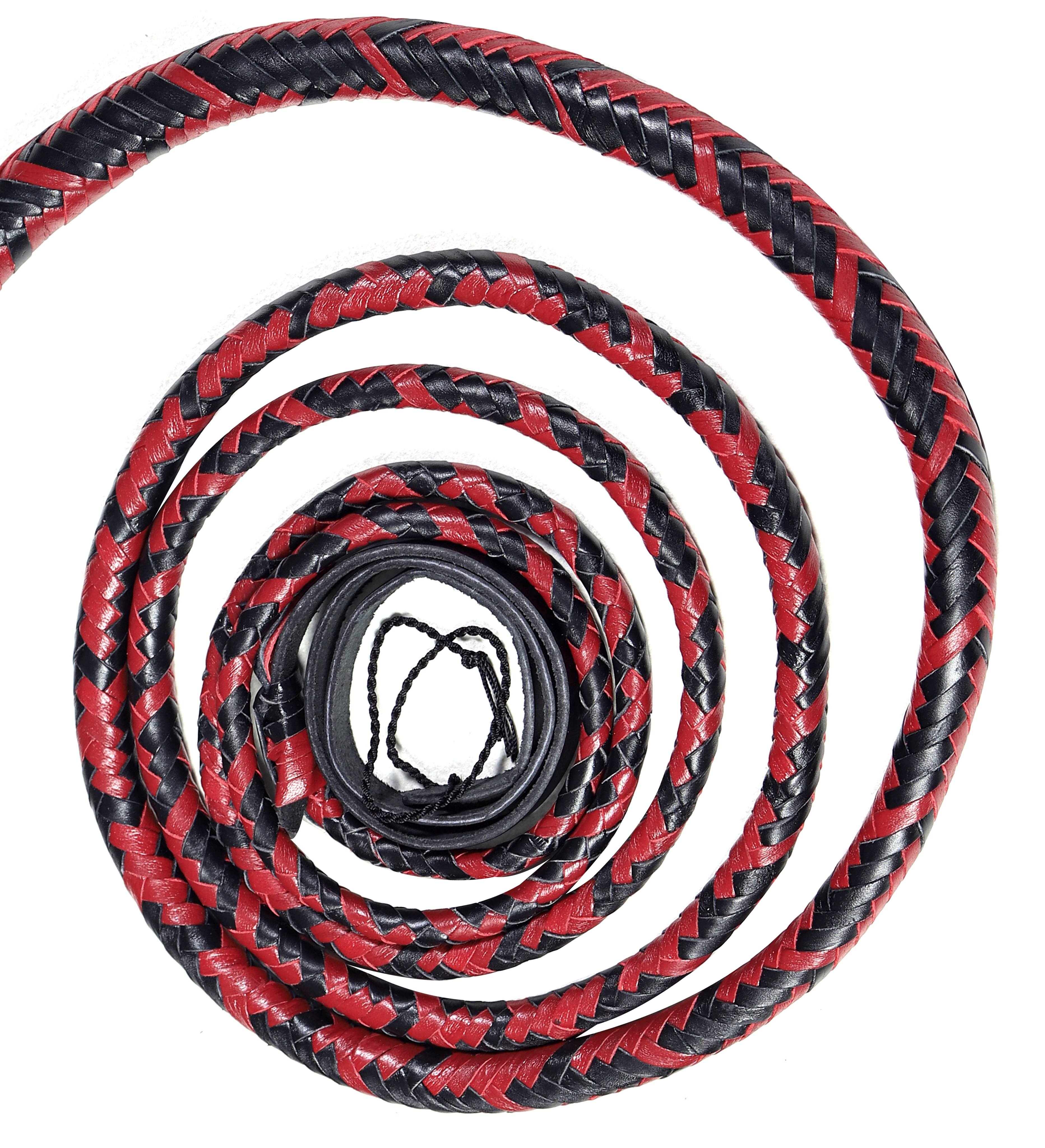 Red & Black Leather Bull Whip – Handmade Performance Whip