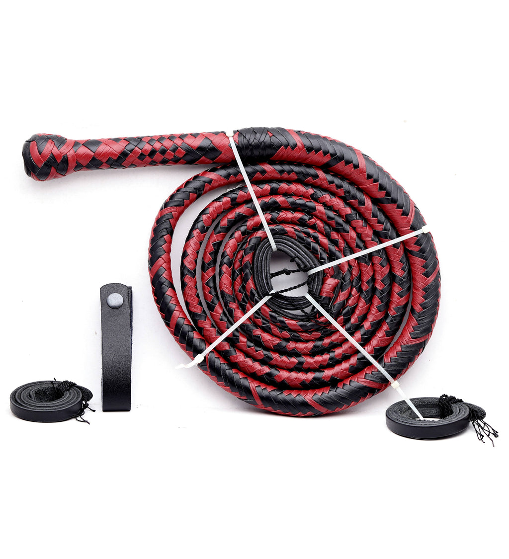 Red & Black Leather Bull Whip – Handmade Performance Whip