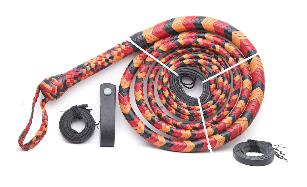 Red-Black & Orange Leather Bull Whip – Handmade Cosplay Whip