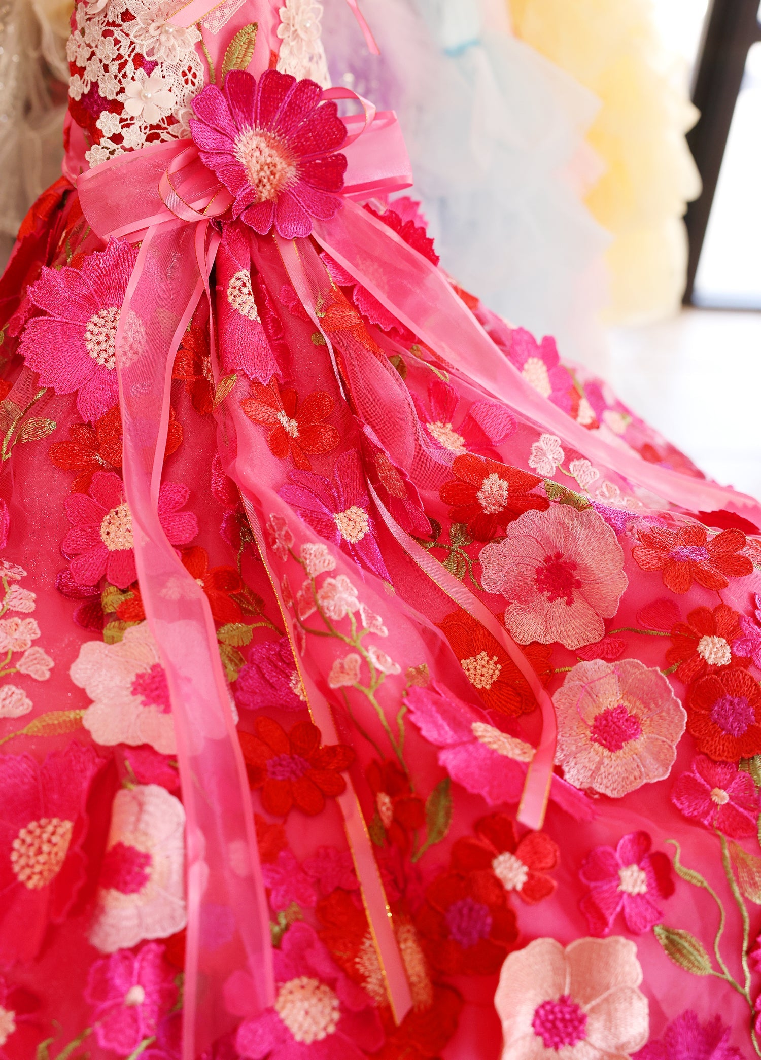 Handmade 3D Floral Embroidered Pet Gown – Hot-Pink Princess Train Dress
