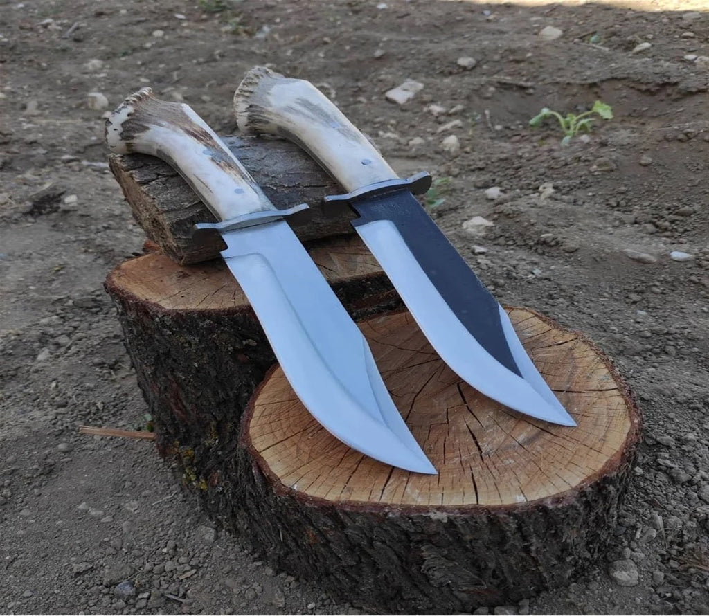 High-Carbon 1095 Forged Steel Bowie Knife - Handmade Deer Horn Guard Handle, Leather Sheath Included