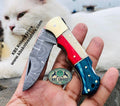 US Texas Flag Folding Pocket Knife with Blue and Red Exotic Wood and Bone Handle, 3 Inches Blade Length and Leather Case