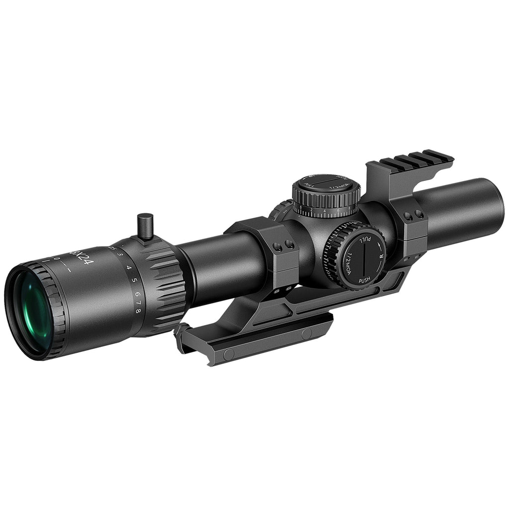 PINTY  1-8x24 FFP LPVO Rifle Scope with Red & Green Illuminated Reticle, Self-Locking Turrets & Cantilever Mount for Picatinny Rail
