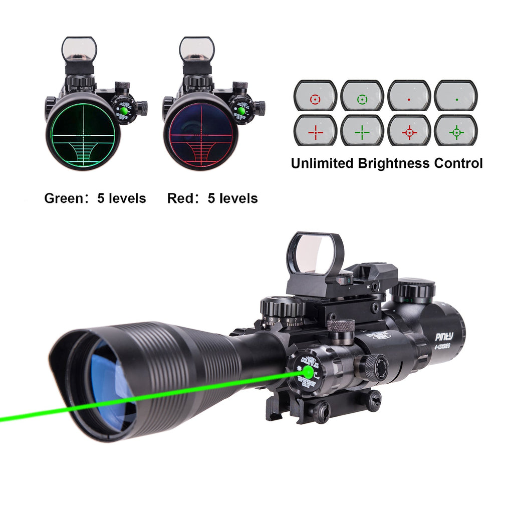 3-in-1 Rifle Scope Combo, 4-12x50mm Rangefinder Scope, Red&Green Reflex Sight, Green Laser