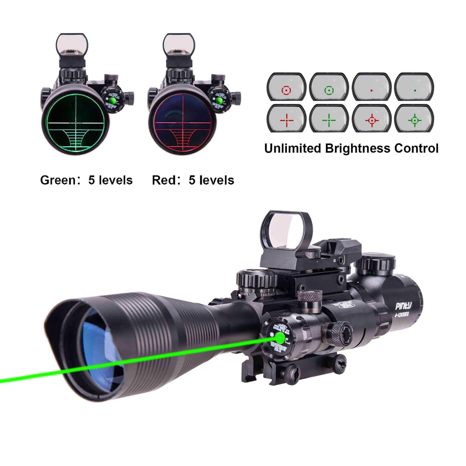 3-in-1 Rifle Scope Combo, 4-12x50mm Rangefinder Scope, Red&Green Reflex Sight, Green Laser