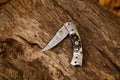Best Custom Handmade Damascus Steel EDC Folding Pocket Knife | 3-Inch Blade, Sheep Horn Handle, Leather Case | Ideal Gift for Any Occasion by KBS Knives