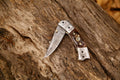 Custom Handmade Damascus Steel EDC Folding Pocket Knife – 3-Inch Blade, Sheep Horn Handle, Leather Case – Perfect Wedding Gift by KBS Knives