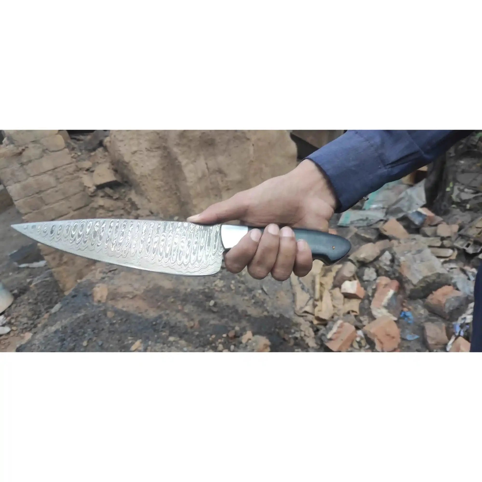 2-Piece Hand-Forged Chef Knife Pair — Pattern-Welded Damascus with Black Micarta Handles (Professional Set)