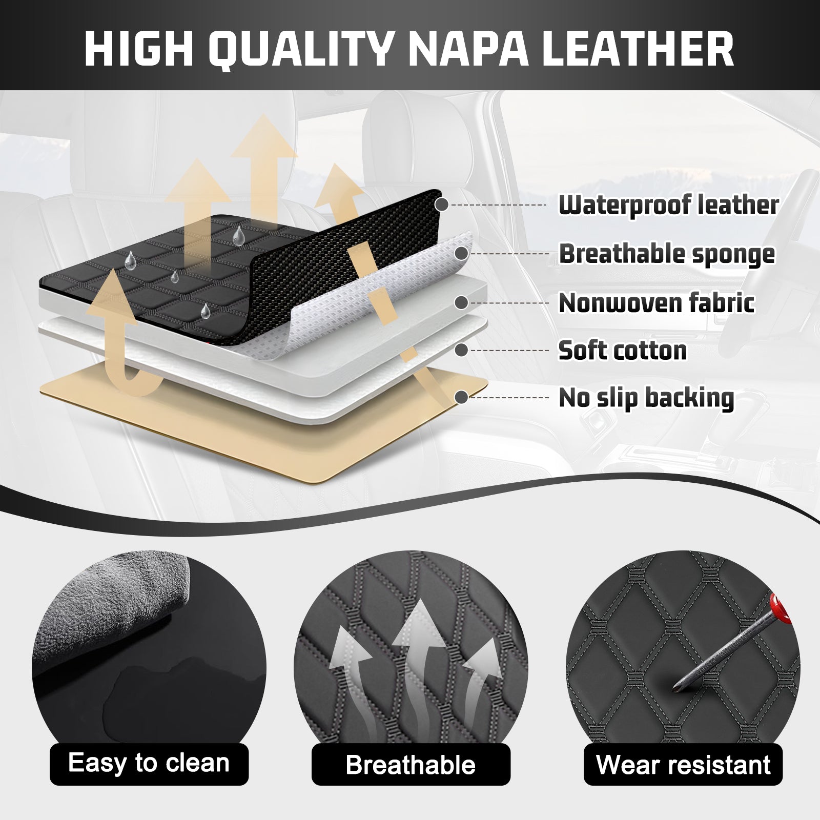Umbrauto Custom Fit Seat Covers for Ford F150, Pickup Truck Nappa Leather Seatcovers for 2015-2025 Ford F150 SuperCrew/ 2017-2025 F250 F350 F450 Super Duty Crew Cab XL XLT Lariat King Ranch Platinum,Black