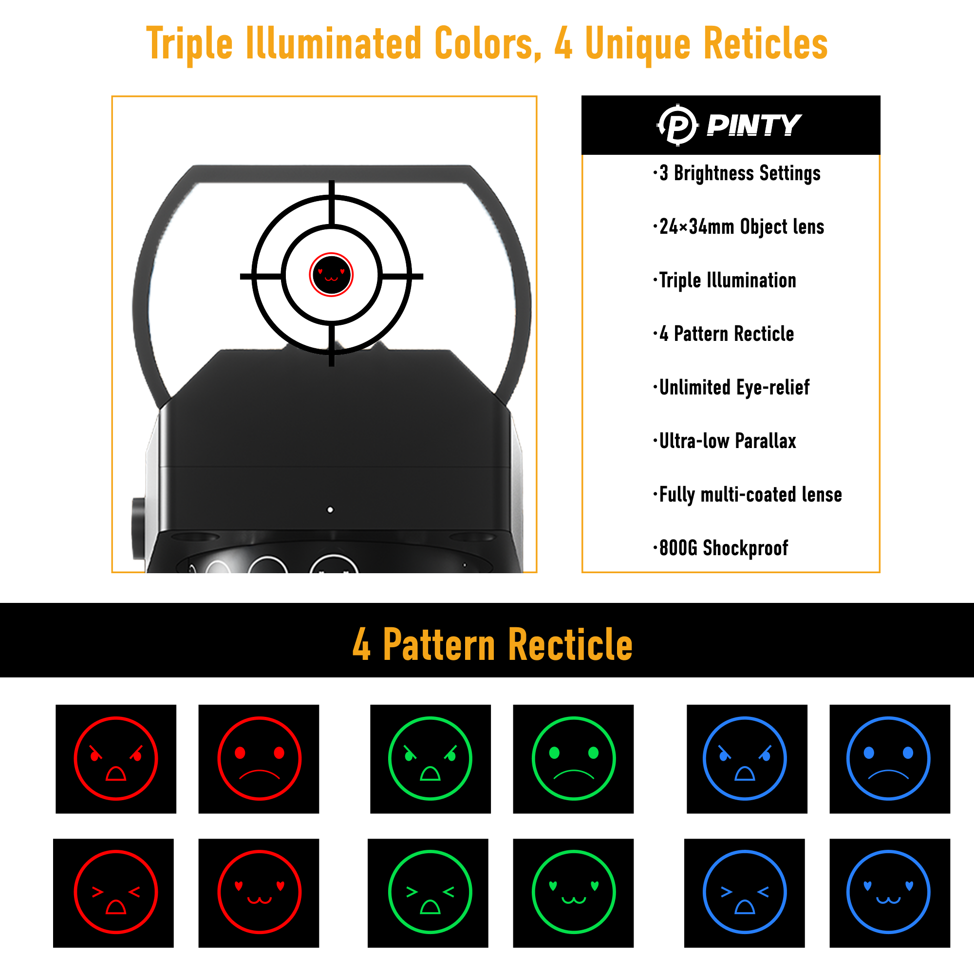 Pinty 4-in-1 Emoji Reticle Red/Green/Blue Dot Sight, 1X24X34 Reflex Sight with 21mm Rail