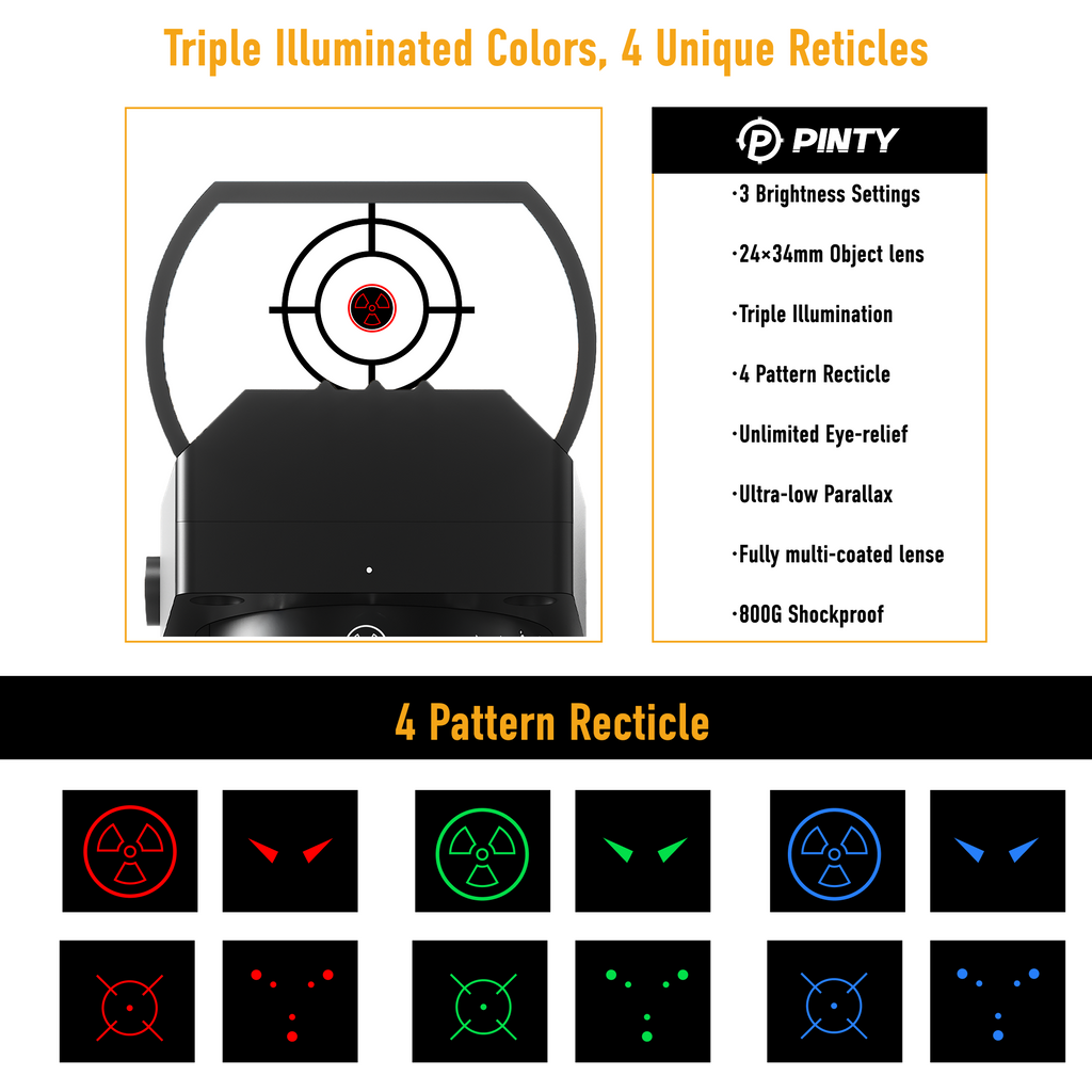 Pinty 4-in-1 Tactical Reticle Red/Green/Blue Dot Sight, 1X24X34 Reflex Sight with 21mm Rail
