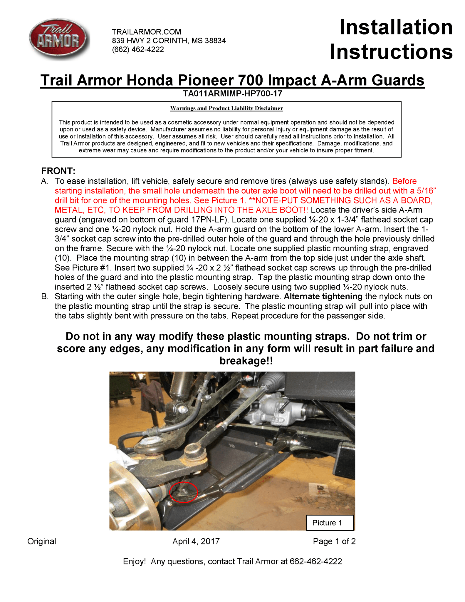 Trail Armor iMpact A-arm Guard Honda for 2014-23 Pioneer 700