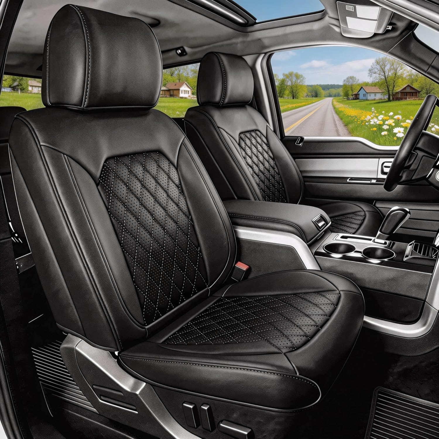 Umbrauto Custom Fit Seat Covers for Ford F150, Pickup Truck Nappa Leather Seatcovers for 2015-2025 Ford F150 SuperCrew/ 2017-2025 F250 F350 F450 Super Duty Crew Cab XL XLT Lariat King Ranch Platinum,Black