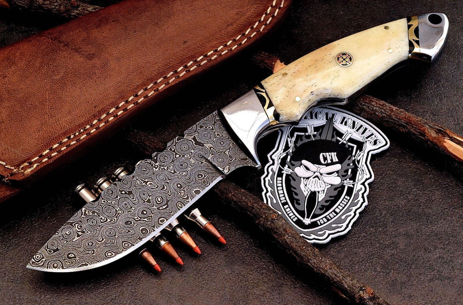Custom Handmade Raindrop Damascus Large Skinning Hunter Deer Bone Knife