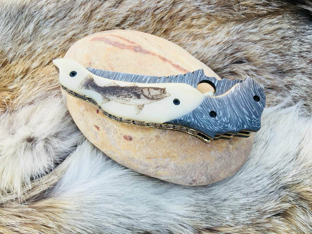 Custom Handmade Damascus Steel Engraved Folding Pocket Knife with Hand-Engraved Bone Handle and Leather Case