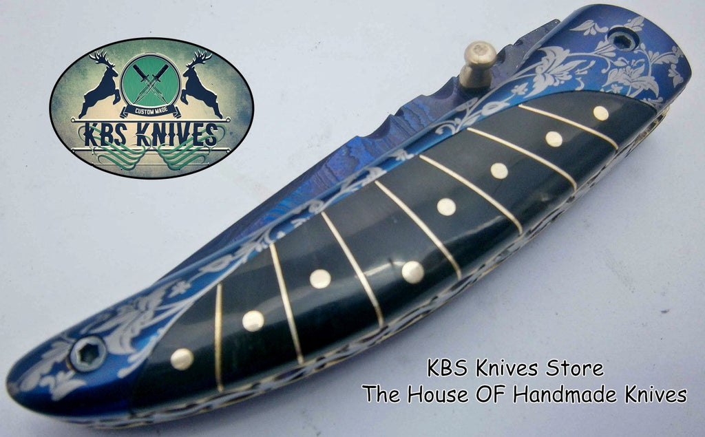 New Custom Handmade Patina-Color Damascus EDC Folding Knife