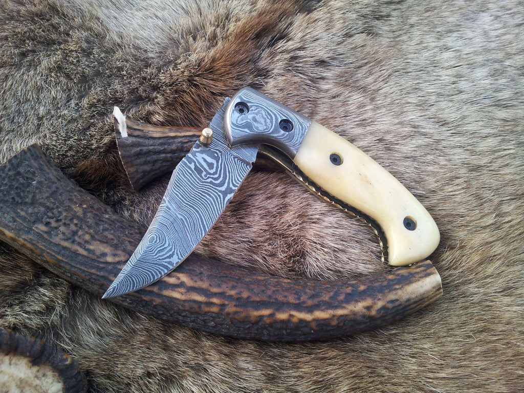 Everyday Carry Damascus Steel Folding Pocket Knife with Bone Handle – The BoneCraft