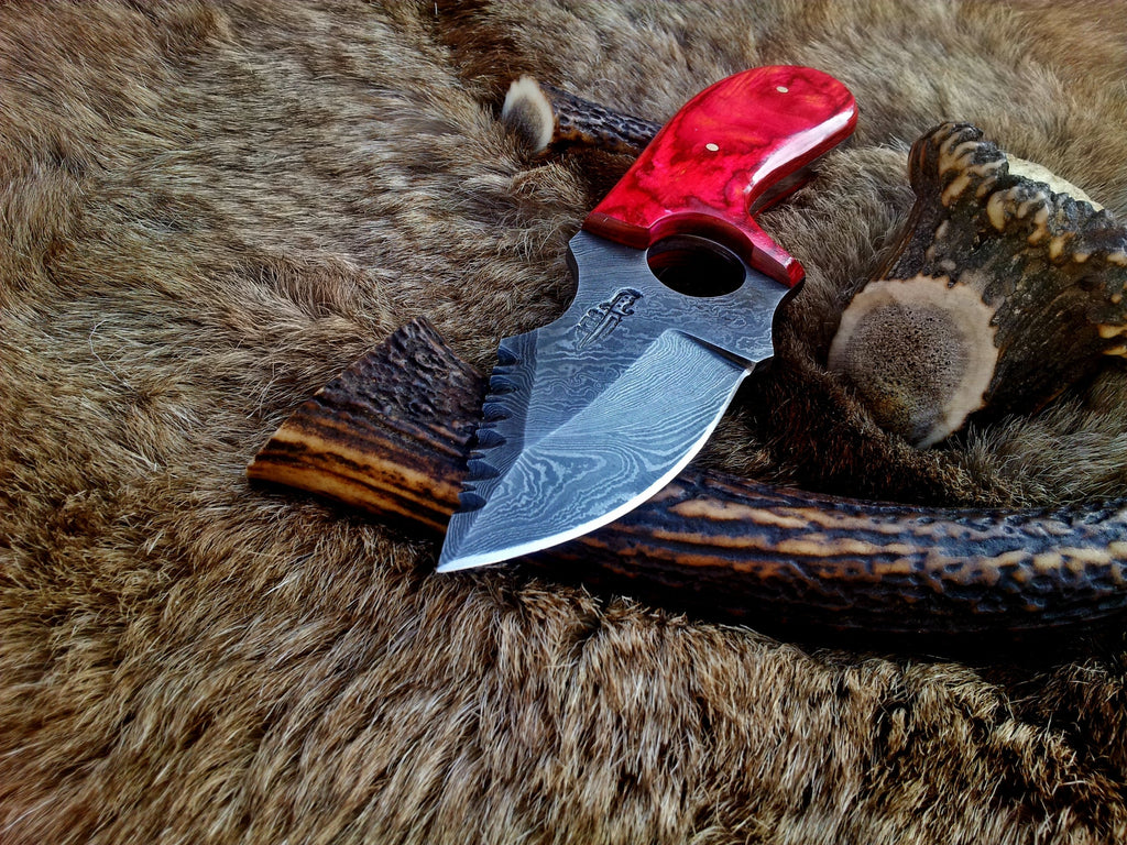 Custom Damascus Steel Field Dressing Deer Skinning Knife with Pakka Wood Handle – 7.5 Inch Drop Point Blade with Finger Hole