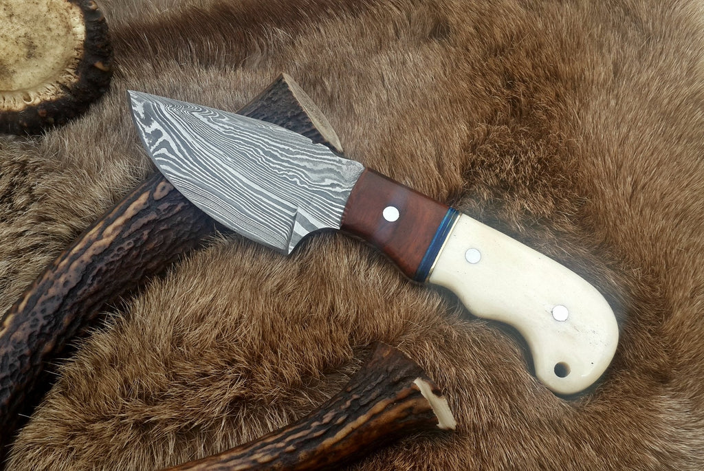 Damascus Steel Drop Point Skinning Knife with Bone and Rosewood Handle – 7 Inch Overall Length