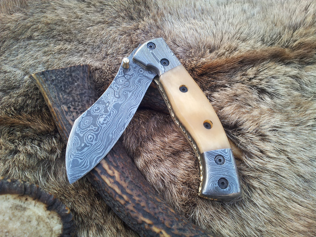 Everyday Carry Damascus Steel Folding Pocket Knife with Bone Handle – The BoneShaper