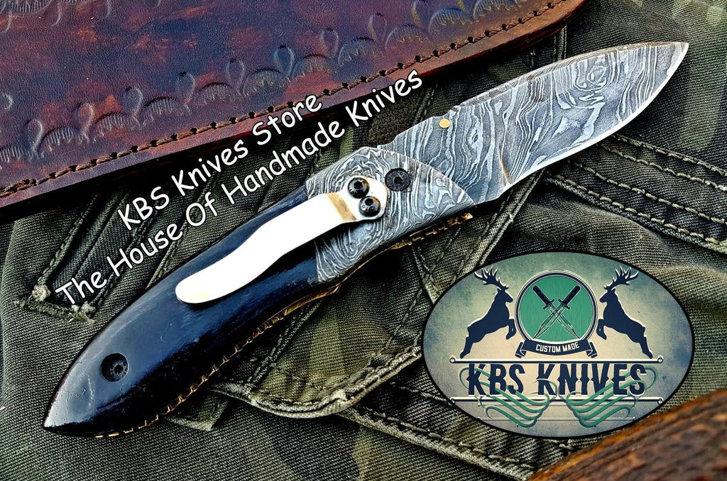 Custom Handmade Damascus Steel Folding Knife With Pocket Clip