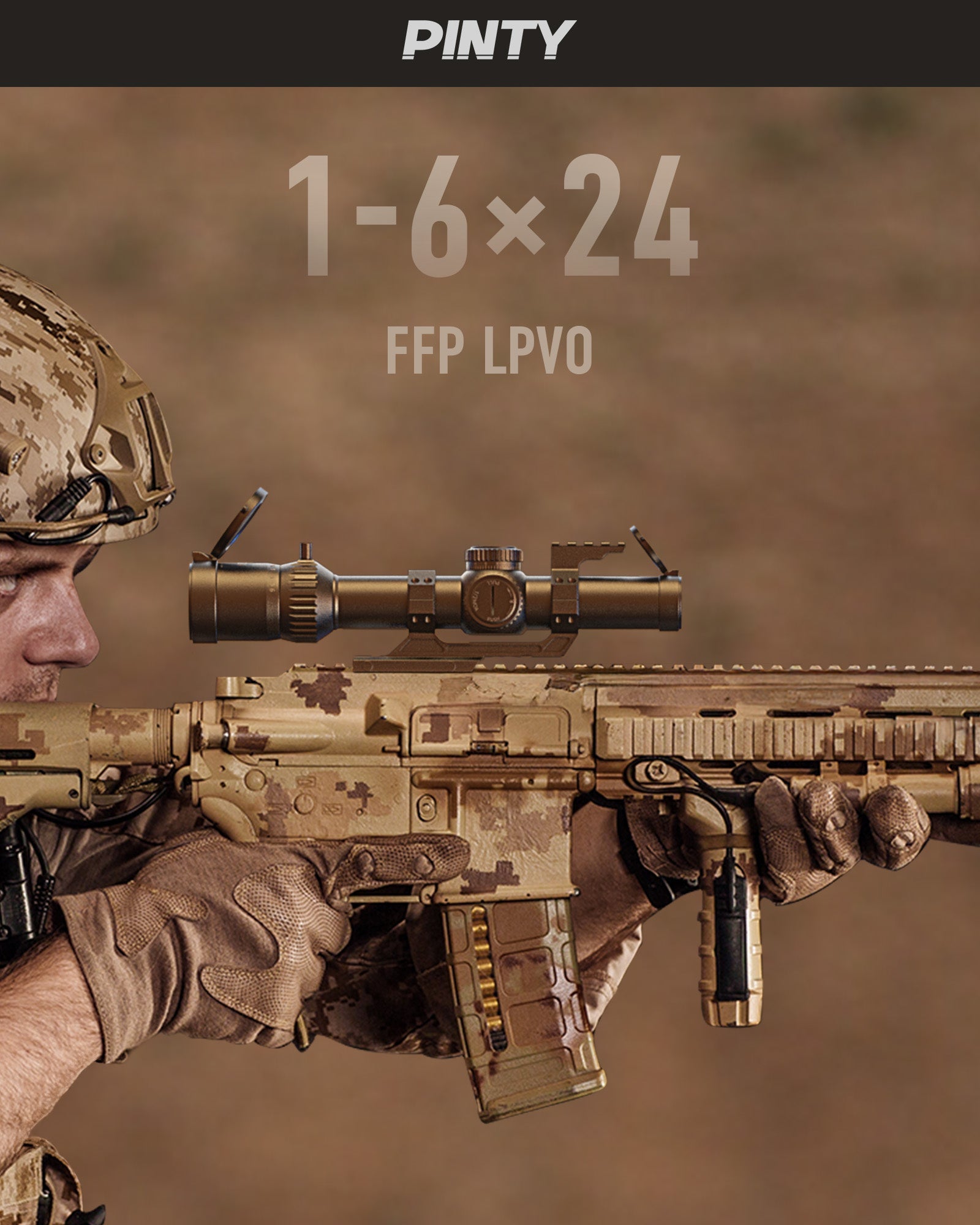 PINTY  1-6x24 FFP LPVO Rifle Scope with Red & Green Illuminated Reticle, Self-Locking Turrets & Cantilever Mount for Picatinny Rail