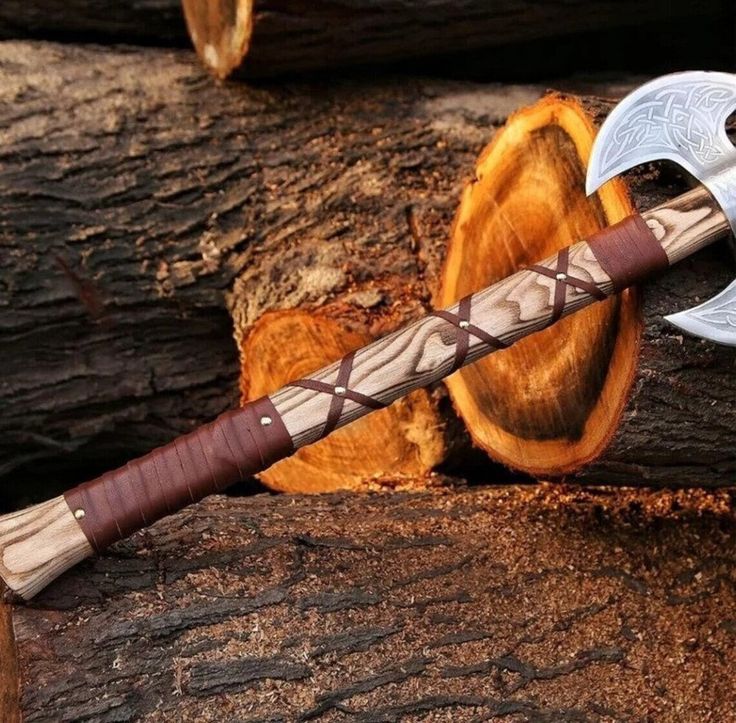 Mastercraft Battle Axe: Custom Handmade Engraved Double Blades with D2 Steel and Ash Wood Handle, Leather Wrap, and Sheath