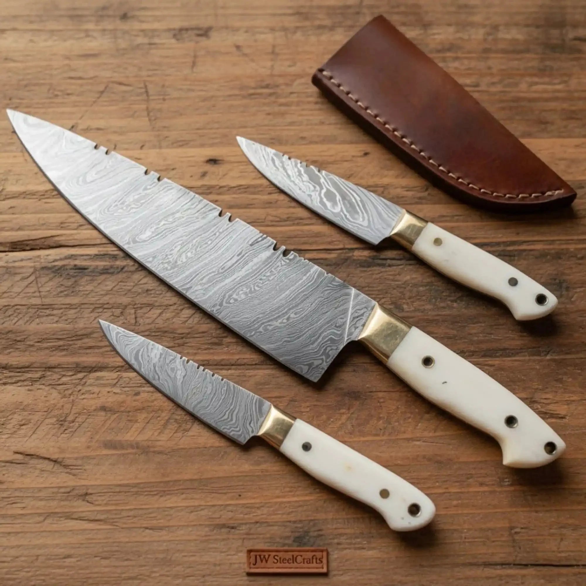 3-Piece Chinese Vegetable Cleaver, Utility & Paring Knife Set — White Resin Handles, Brass Bolsters, Full Tang Damascus
