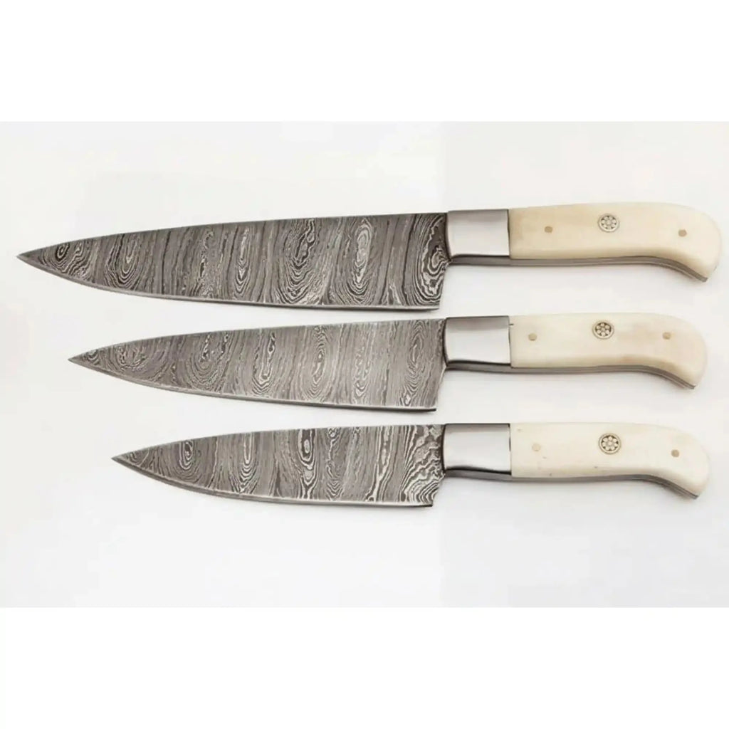 3 Piece Damascus Kitchen Knife Set with Bone Handles, Slicing Carving and Chef Knives, Handmade Damascus Steel Professional Cooking Set