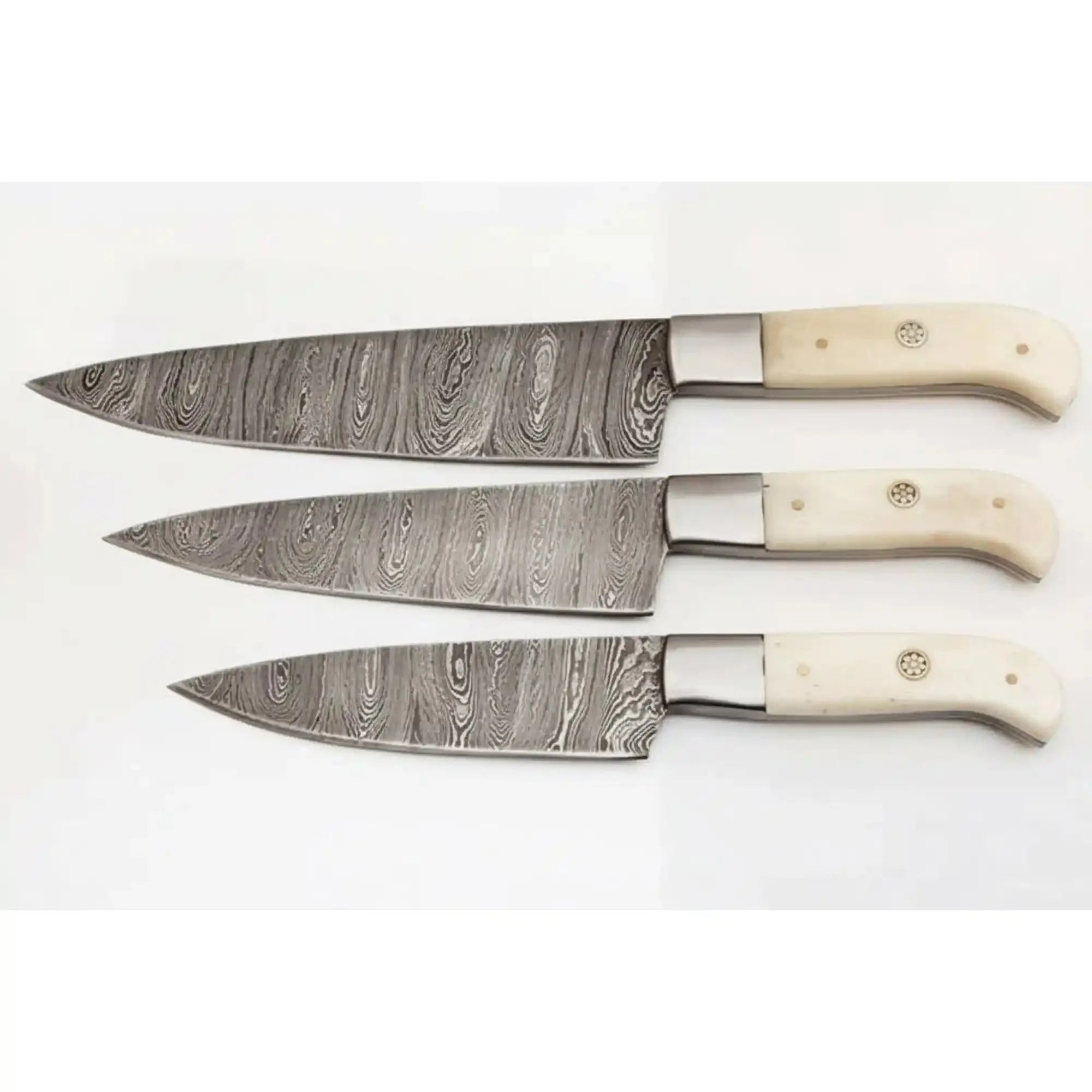 3 Piece Damascus Kitchen Knife Set with Bone Handles, Slicing Carving and Chef Knives, Handmade Damascus Steel Professional Cooking Set