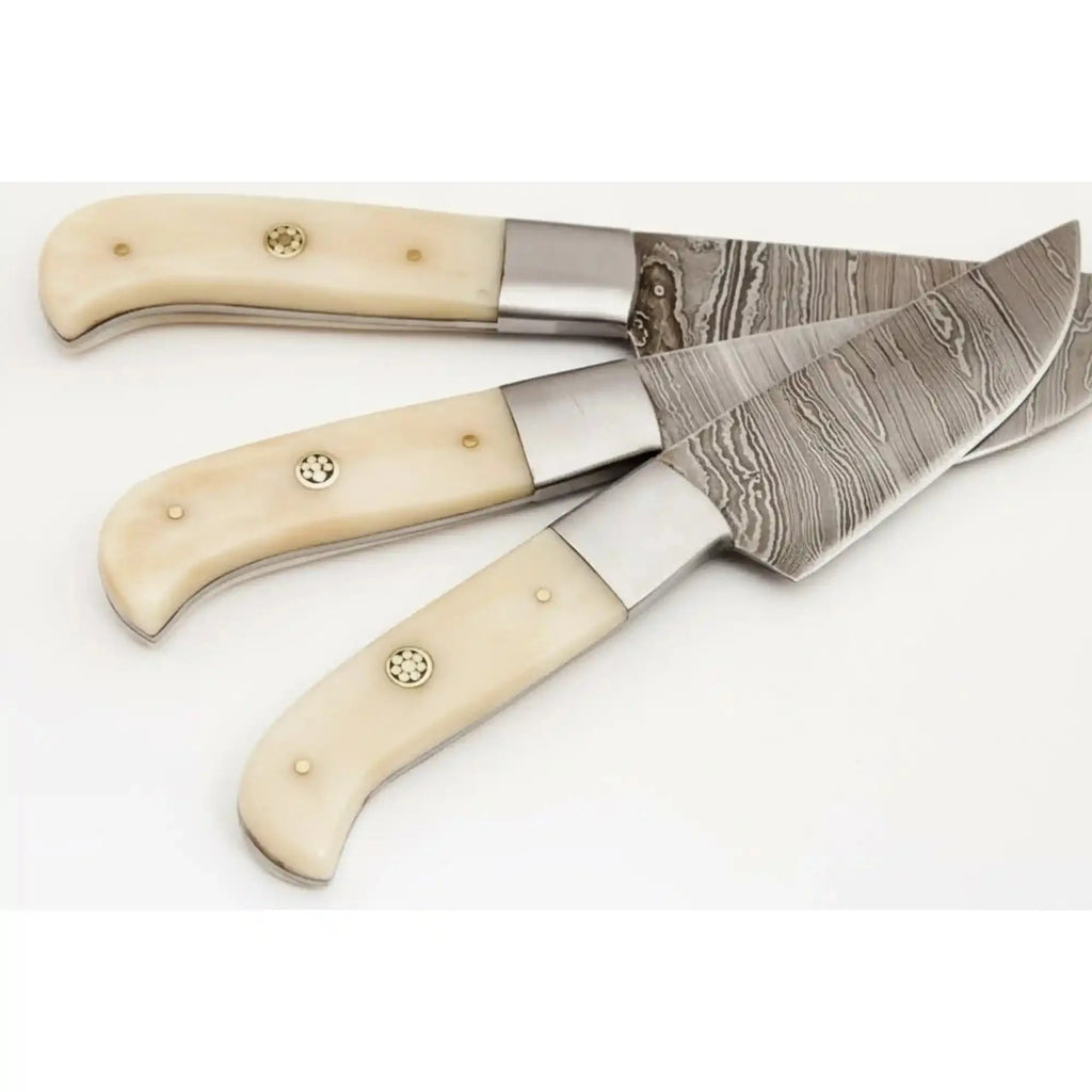 3 Piece Damascus Kitchen Knife Set with Bone Handles, Slicing Carving and Chef Knives, Handmade Damascus Steel Professional Cooking Set