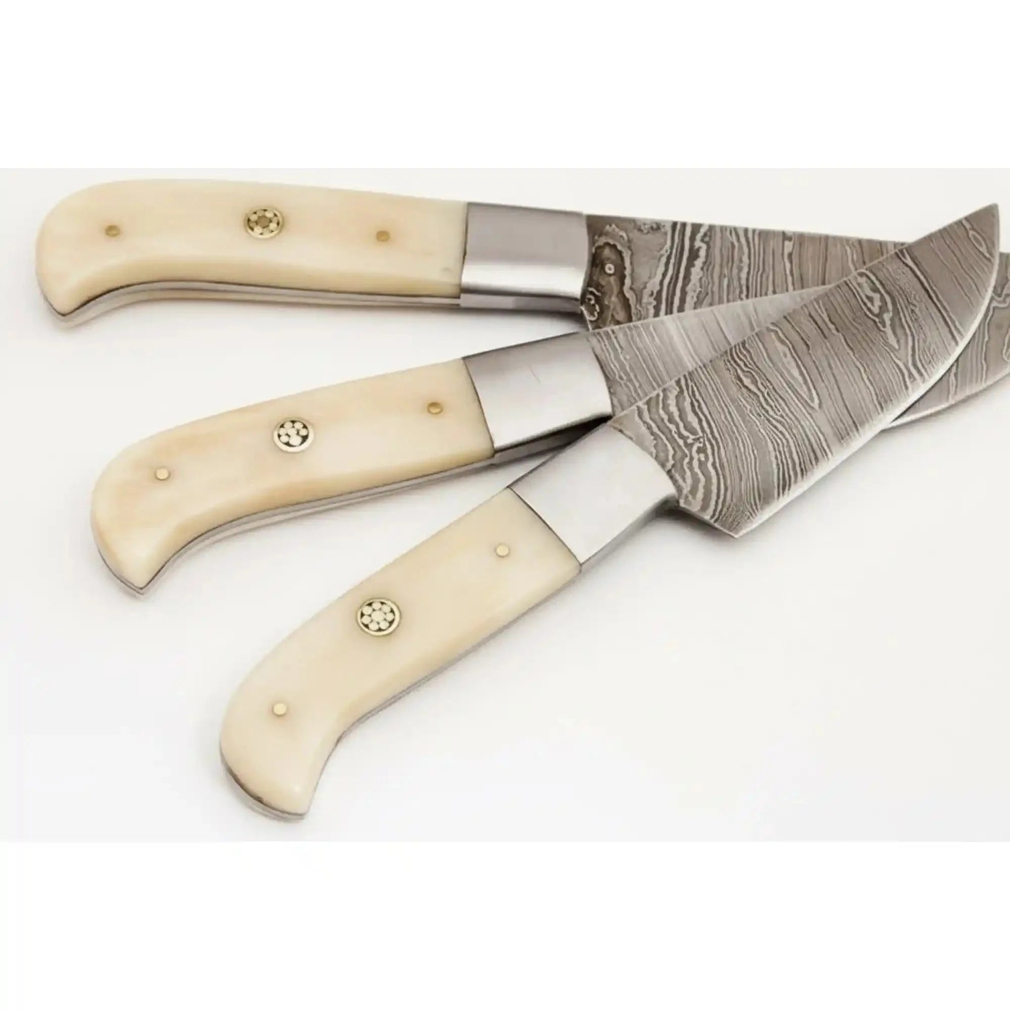 3 Piece Damascus Kitchen Knife Set with Bone Handles, Slicing Carving and Chef Knives, Handmade Damascus Steel Professional Cooking Set